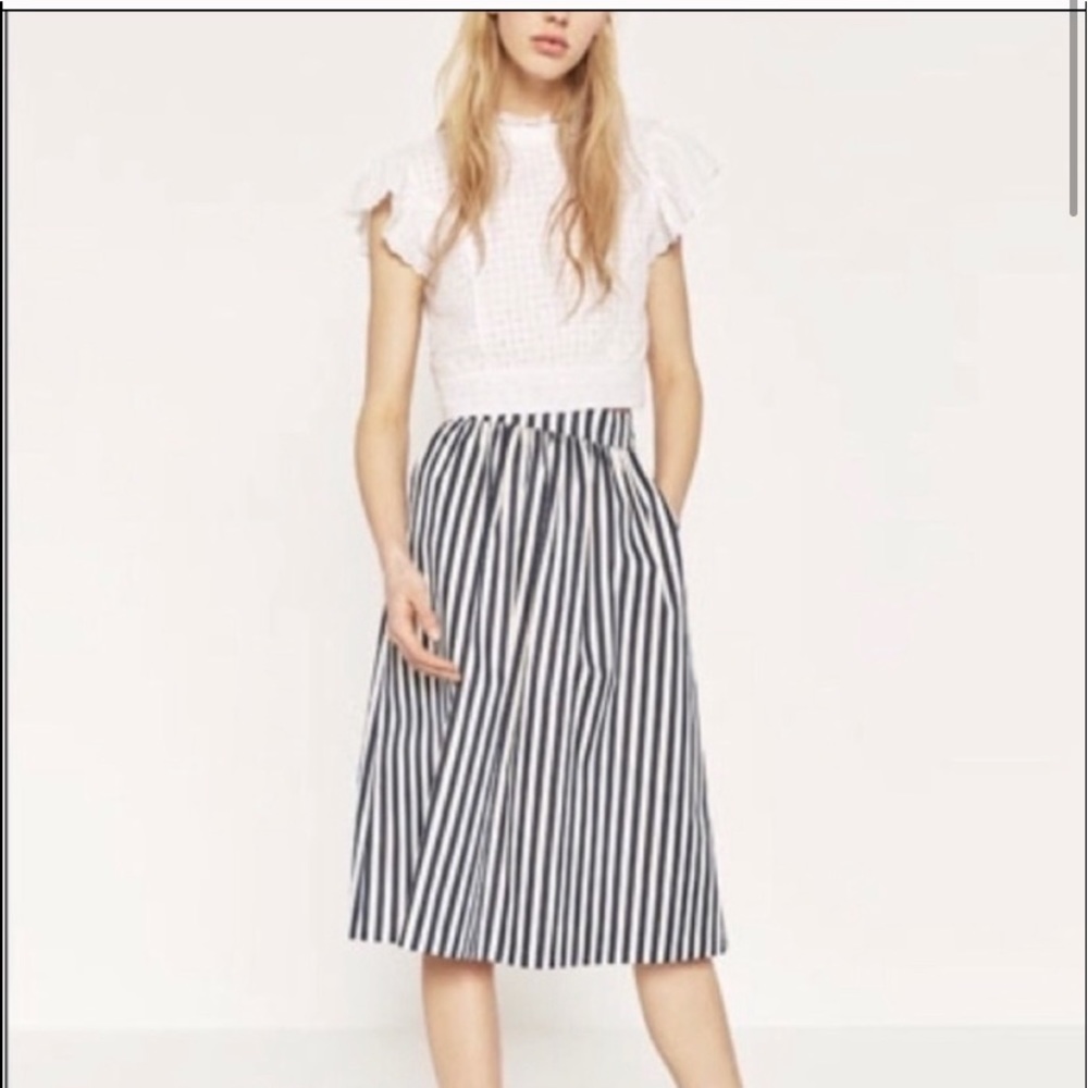 Zara Navy Blue White vertical stripes Pleated Midi